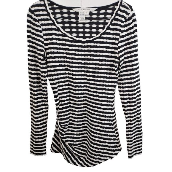 Max Studio Womens Long Sleeve Top Small Black White Striped Ruched Casual - Picture 1 of 6